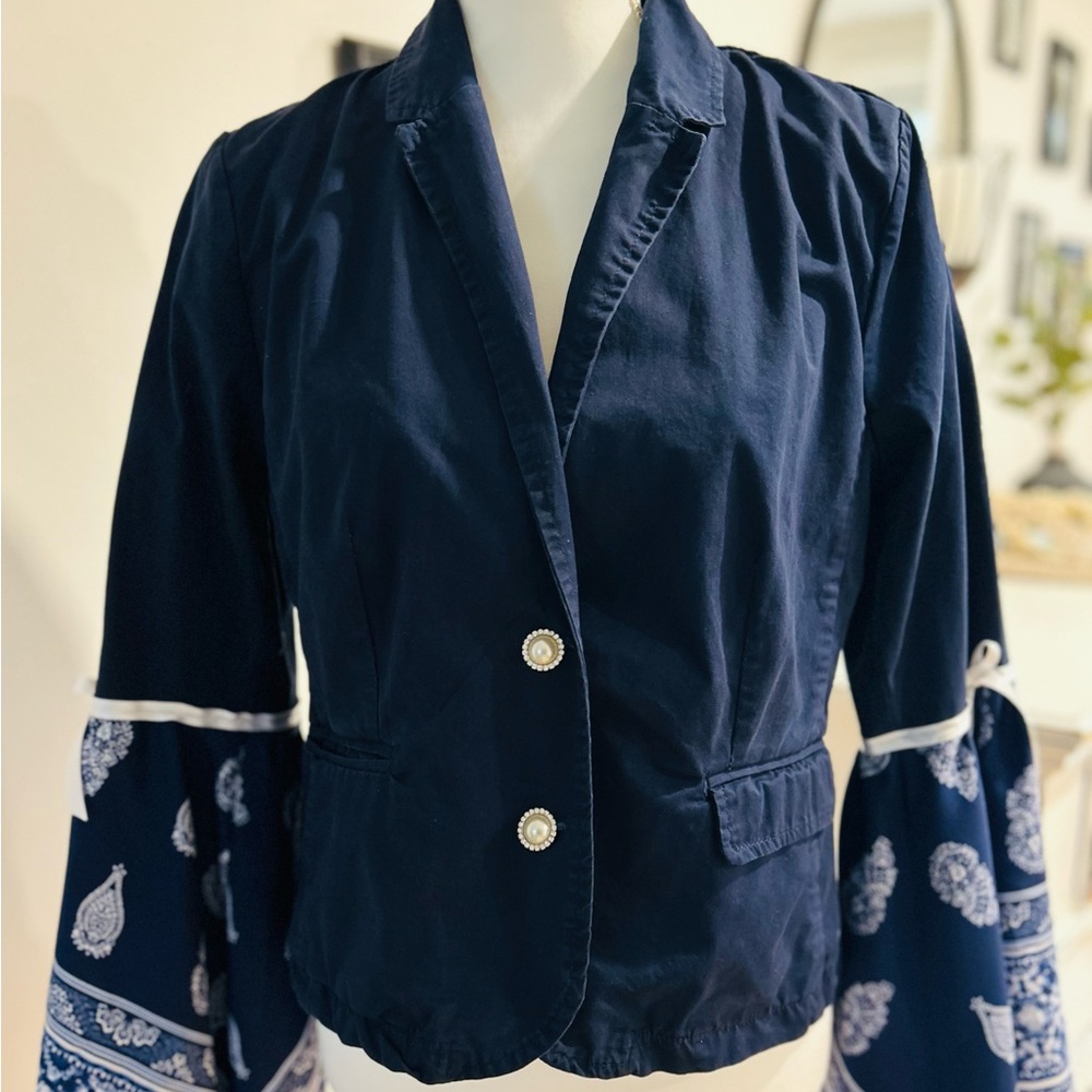 Upcycled Navy Blazer with Bandana Bell Sleeves